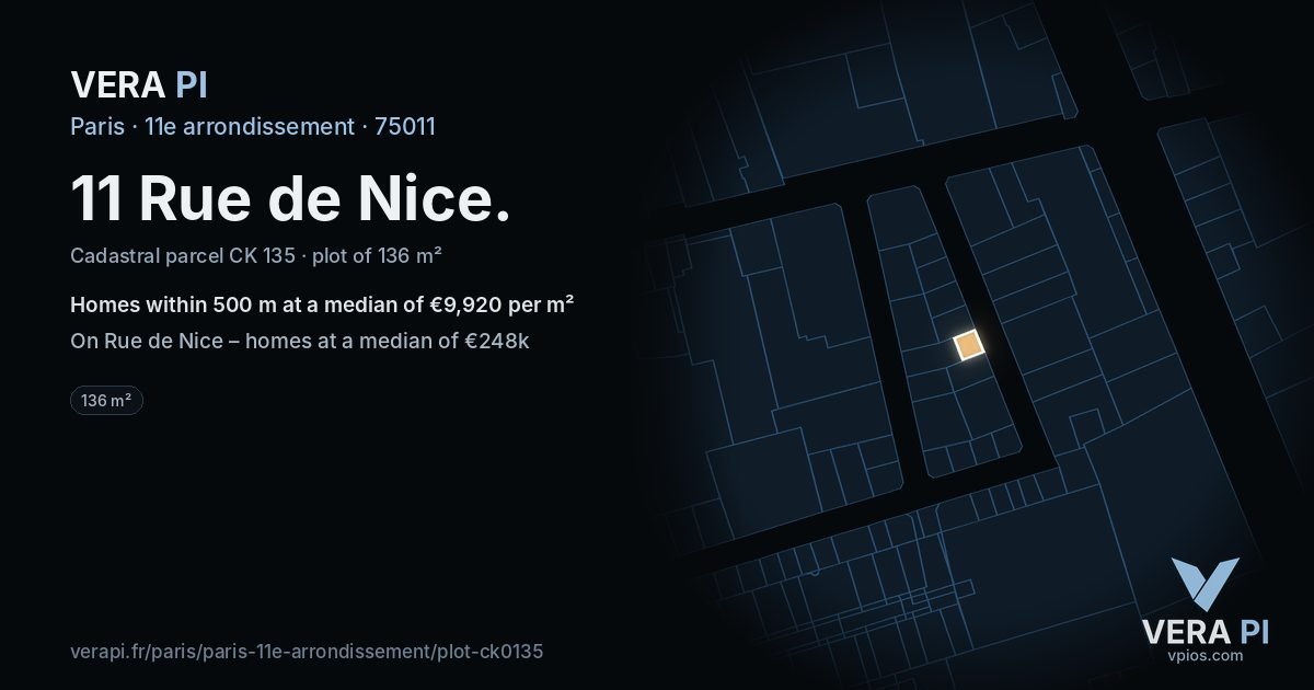 11 Rue de Nice, 11e arrondissement at night – the plot lit, the parcels around coloured by the prices near them