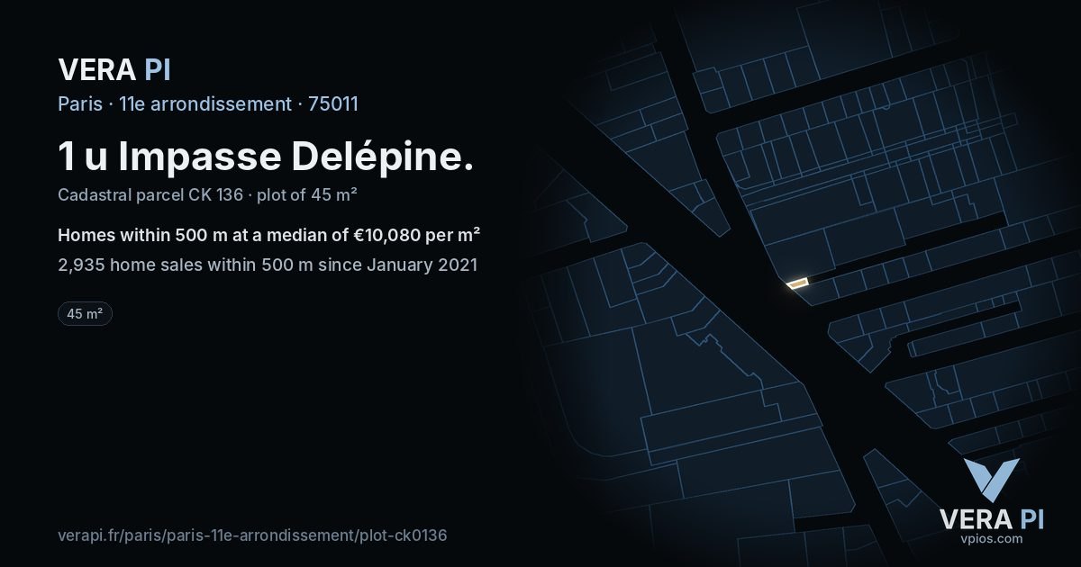 1 u Impasse Delépine, 11e arrondissement at night – the plot lit, the parcels around coloured by the prices near them