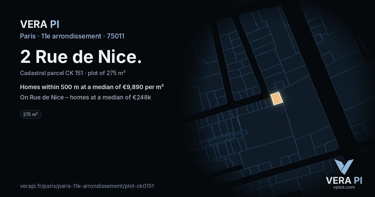 2 Rue de Nice, 11e arrondissement at night – the plot lit, the parcels around coloured by the prices near them