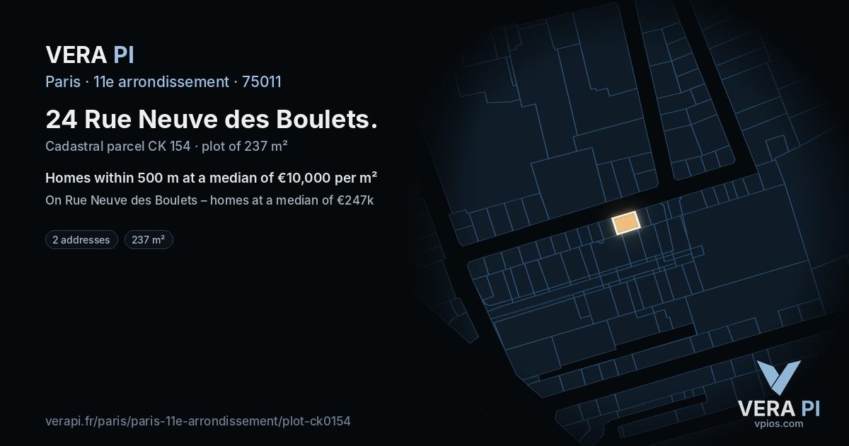 24 Rue Neuve des Boulets, 11e arrondissement at night – the plot lit, the parcels around coloured by the prices near them