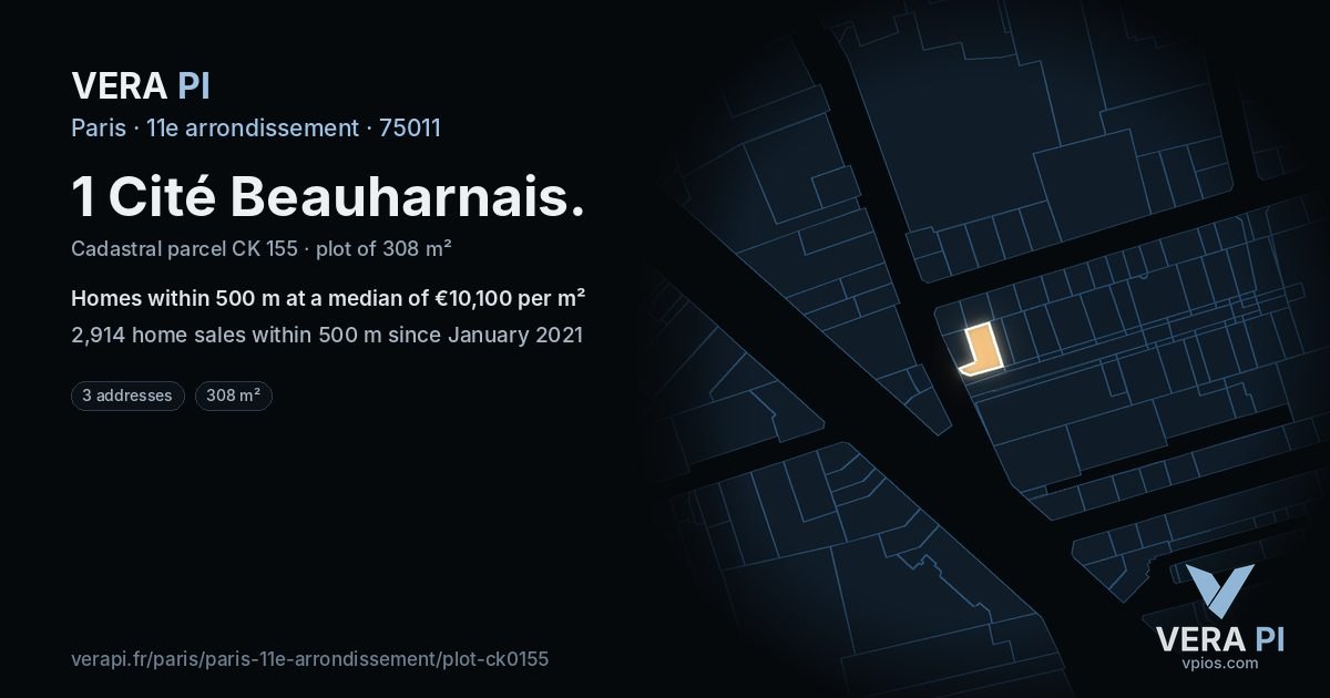 1 Cité Beauharnais, 11e arrondissement at night – the plot lit, the parcels around coloured by the prices near them