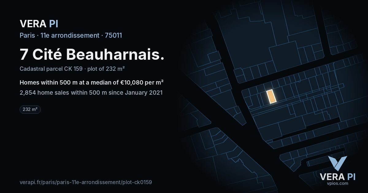 7 Cité Beauharnais, 11e arrondissement at night – the plot lit, the parcels around coloured by the prices near them