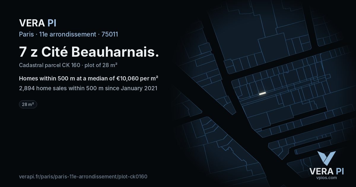 7 z Cité Beauharnais, 11e arrondissement at night – the plot lit, the parcels around coloured by the prices near them