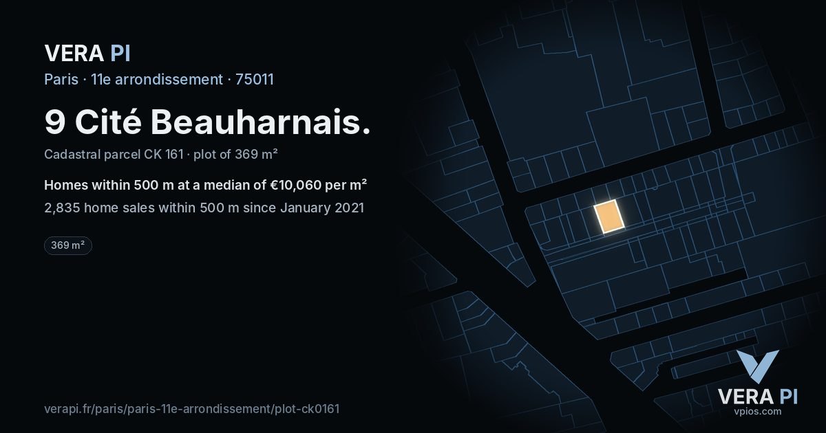 9 Cité Beauharnais, 11e arrondissement at night – the plot lit, the parcels around coloured by the prices near them