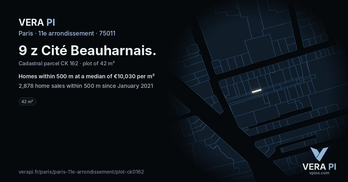 9 z Cité Beauharnais, 11e arrondissement at night – the plot lit, the parcels around coloured by the prices near them