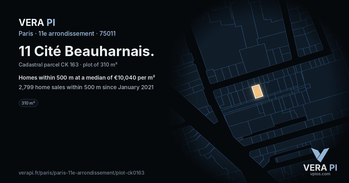 11 Cité Beauharnais, 11e arrondissement at night – the plot lit, the parcels around coloured by the prices near them