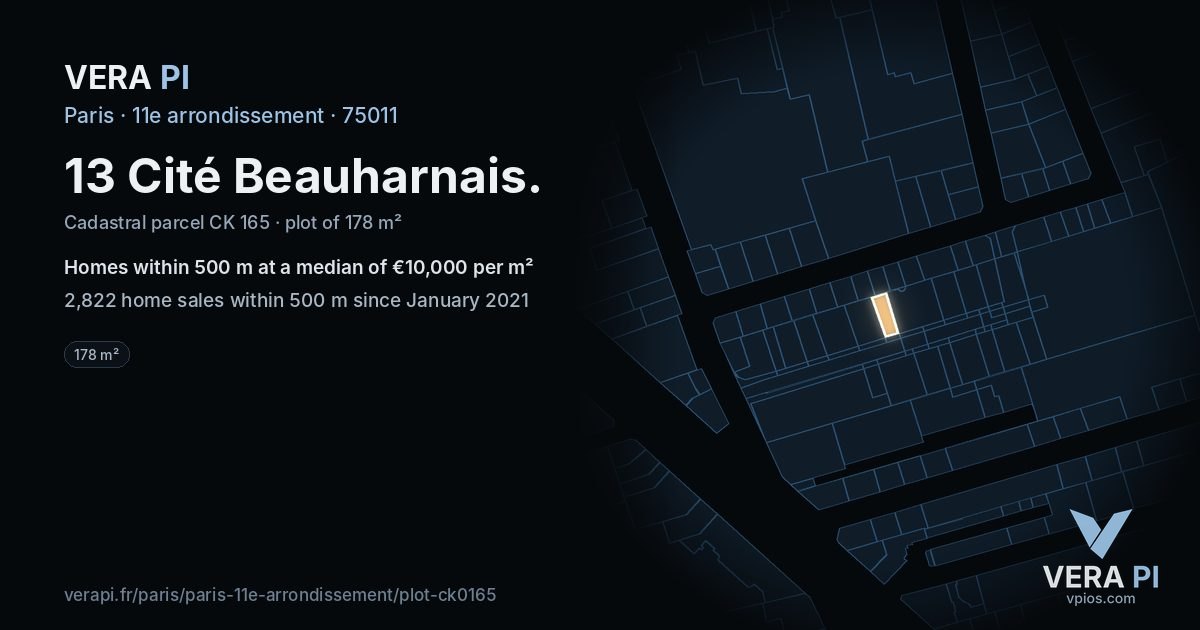 13 Cité Beauharnais, 11e arrondissement at night – the plot lit, the parcels around coloured by the prices near them