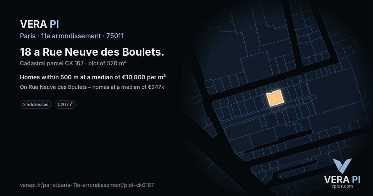 18 a Rue Neuve des Boulets, 11e arrondissement at night – the plot lit, the parcels around coloured by the prices near them