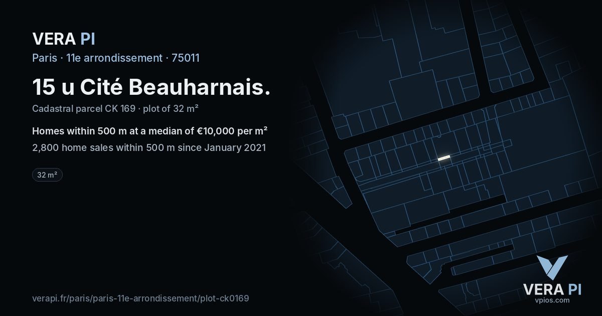 15 u Cité Beauharnais, 11e arrondissement at night – the plot lit, the parcels around coloured by the prices near them