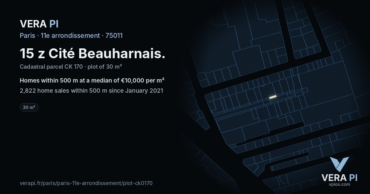 15 z Cité Beauharnais, 11e arrondissement at night – the plot lit, the parcels around coloured by the prices near them