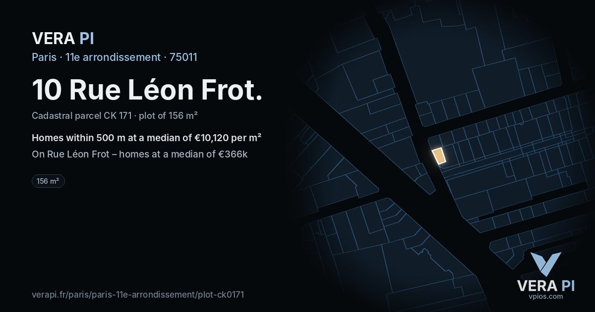 10 Rue Léon Frot, 11e arrondissement at night – the plot lit, the parcels around coloured by the prices near them