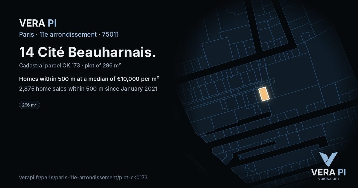 14 Cité Beauharnais, 11e arrondissement at night – the plot lit, the parcels around coloured by the prices near them