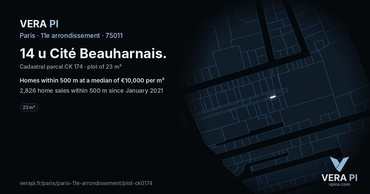 14 u Cité Beauharnais, 11e arrondissement at night – the plot lit, the parcels around coloured by the prices near them