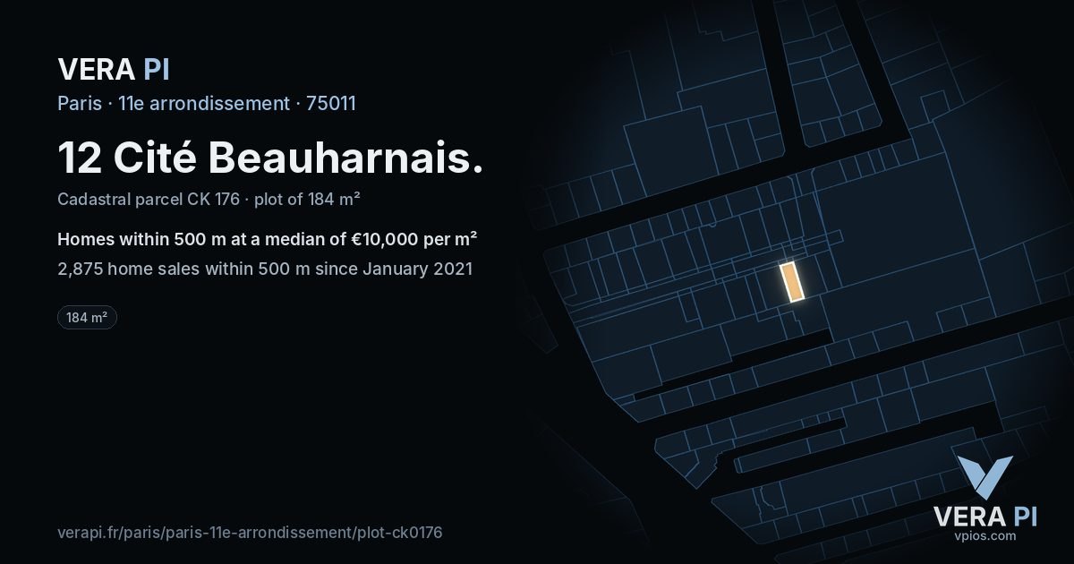 12 Cité Beauharnais, 11e arrondissement at night – the plot lit, the parcels around coloured by the prices near them