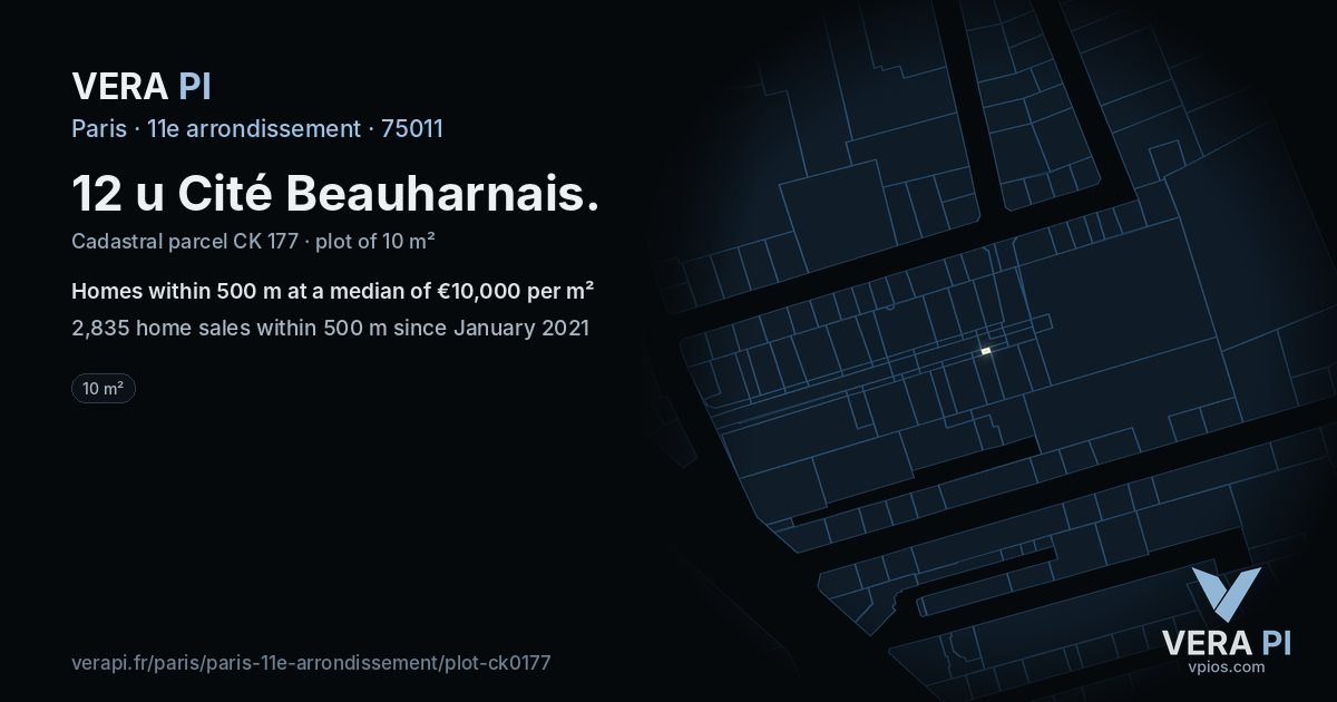 12 u Cité Beauharnais, 11e arrondissement at night – the plot lit, the parcels around coloured by the prices near them