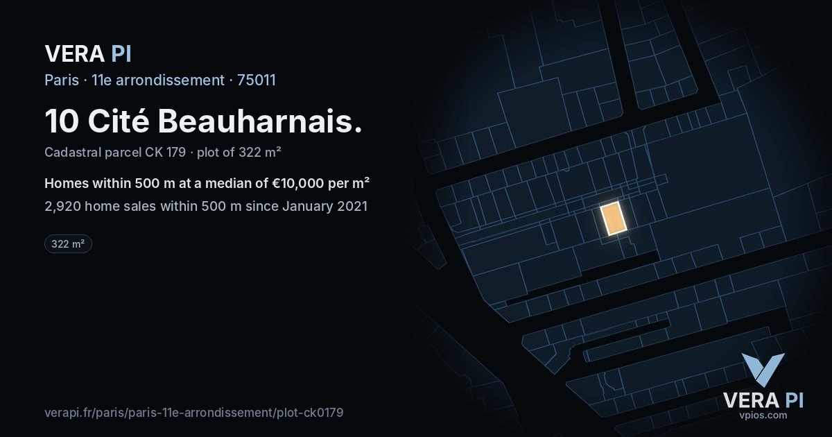 10 Cité Beauharnais, 11e arrondissement at night – the plot lit, the parcels around coloured by the prices near them