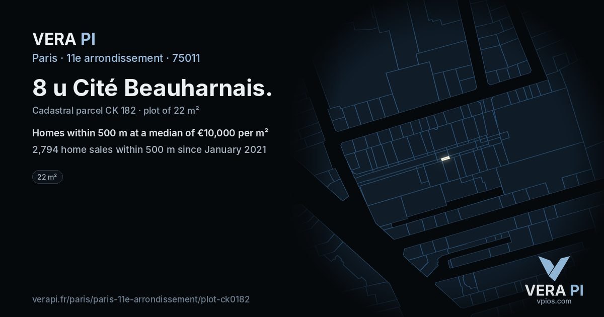 8 u Cité Beauharnais, 11e arrondissement at night – the plot lit, the parcels around coloured by the prices near them