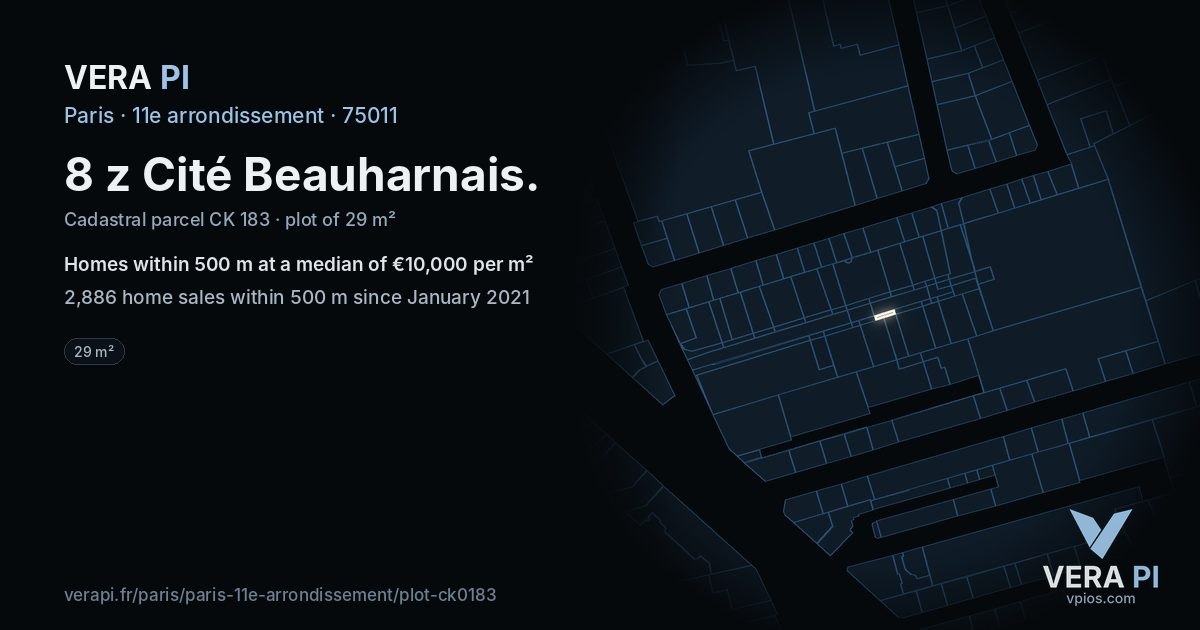 8 z Cité Beauharnais, 11e arrondissement at night – the plot lit, the parcels around coloured by the prices near them
