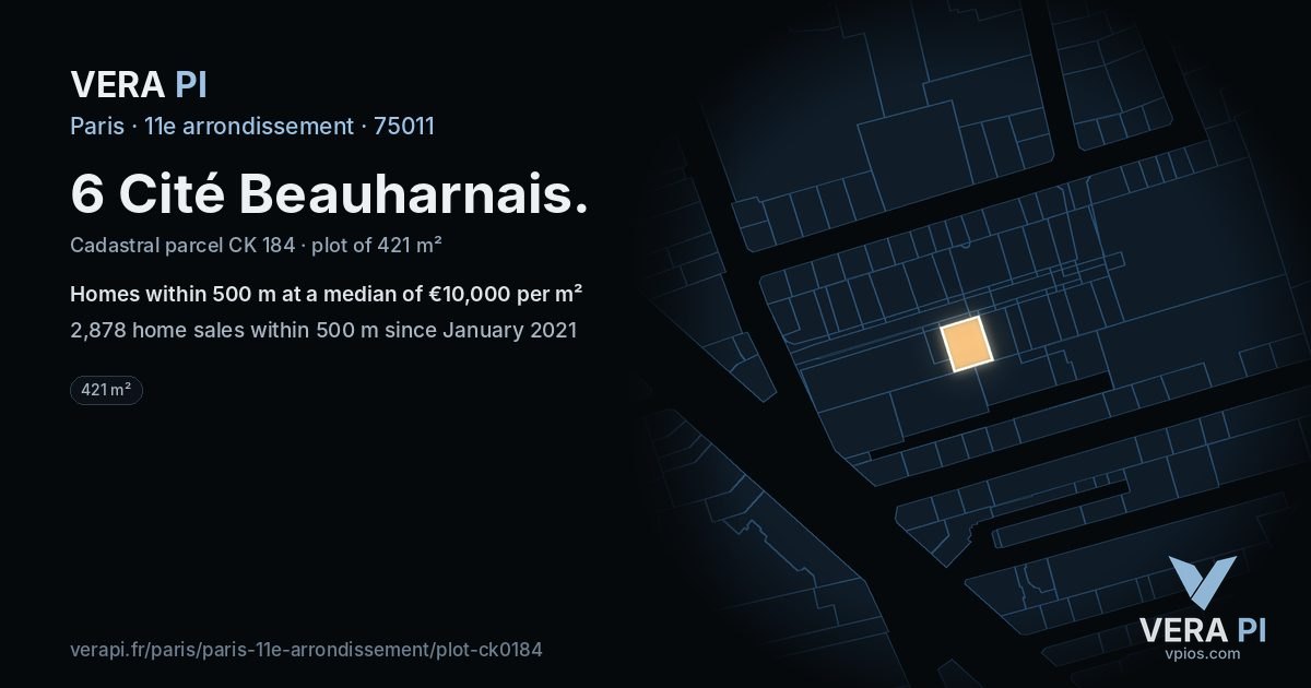 6 Cité Beauharnais, 11e arrondissement at night – the plot lit, the parcels around coloured by the prices near them
