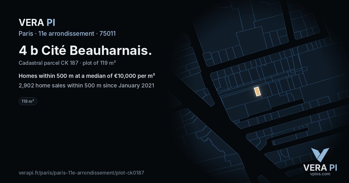 4 b Cité Beauharnais, 11e arrondissement at night – the plot lit, the parcels around coloured by the prices near them