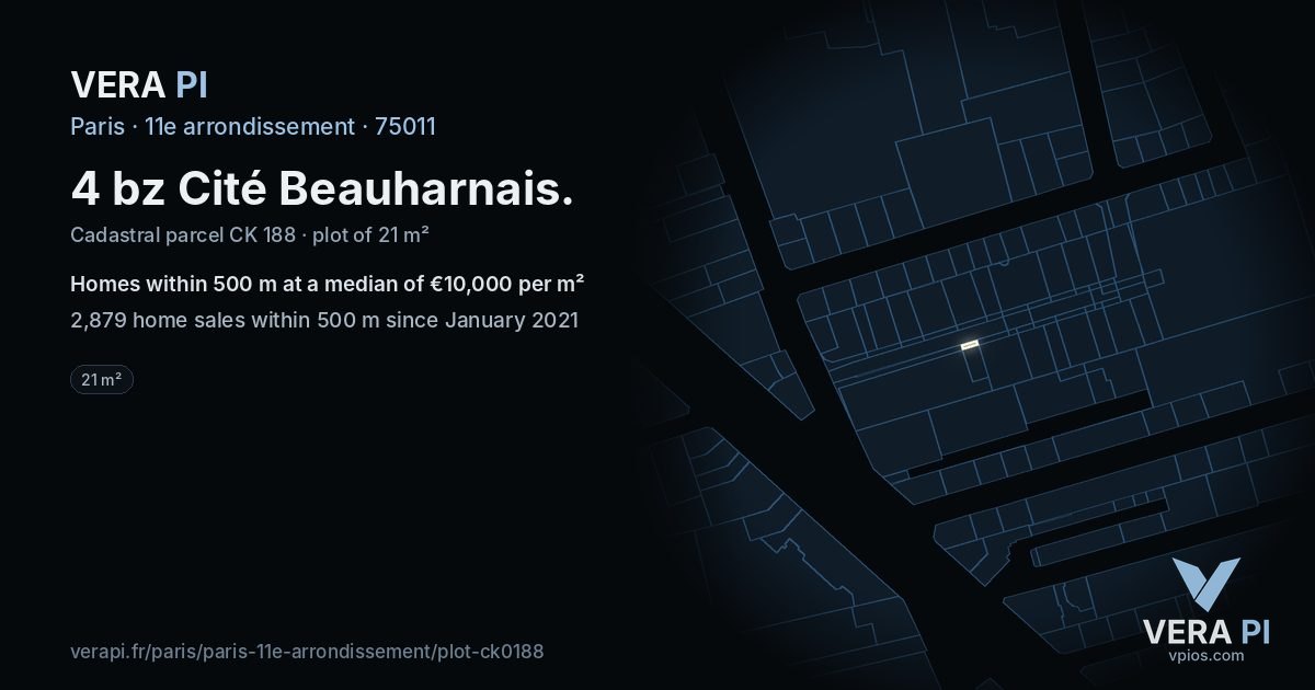 4 bz Cité Beauharnais, 11e arrondissement at night – the plot lit, the parcels around coloured by the prices near them