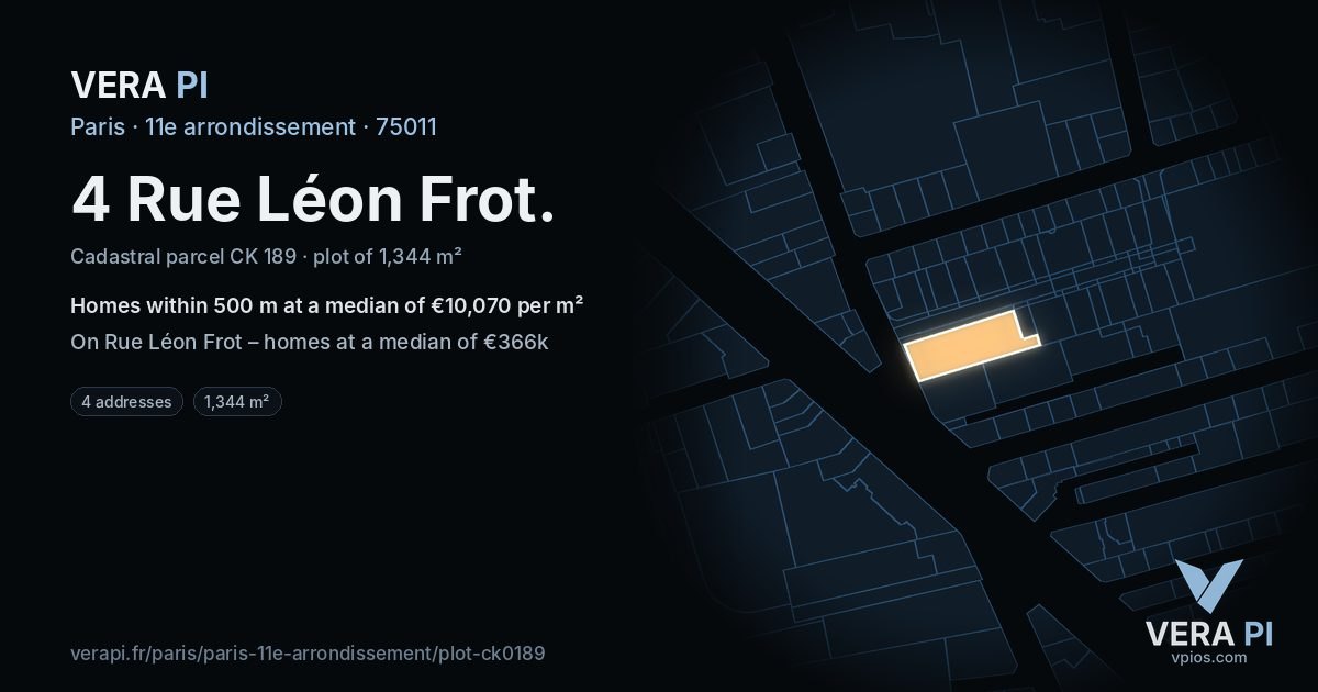 4 Rue Léon Frot, 11e arrondissement at night – the plot lit, the parcels around coloured by the prices near them