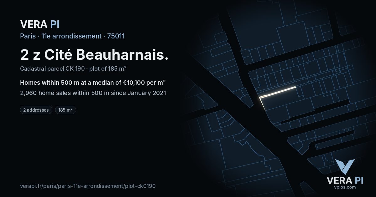 2 z Cité Beauharnais, 11e arrondissement at night – the plot lit, the parcels around coloured by the prices near them