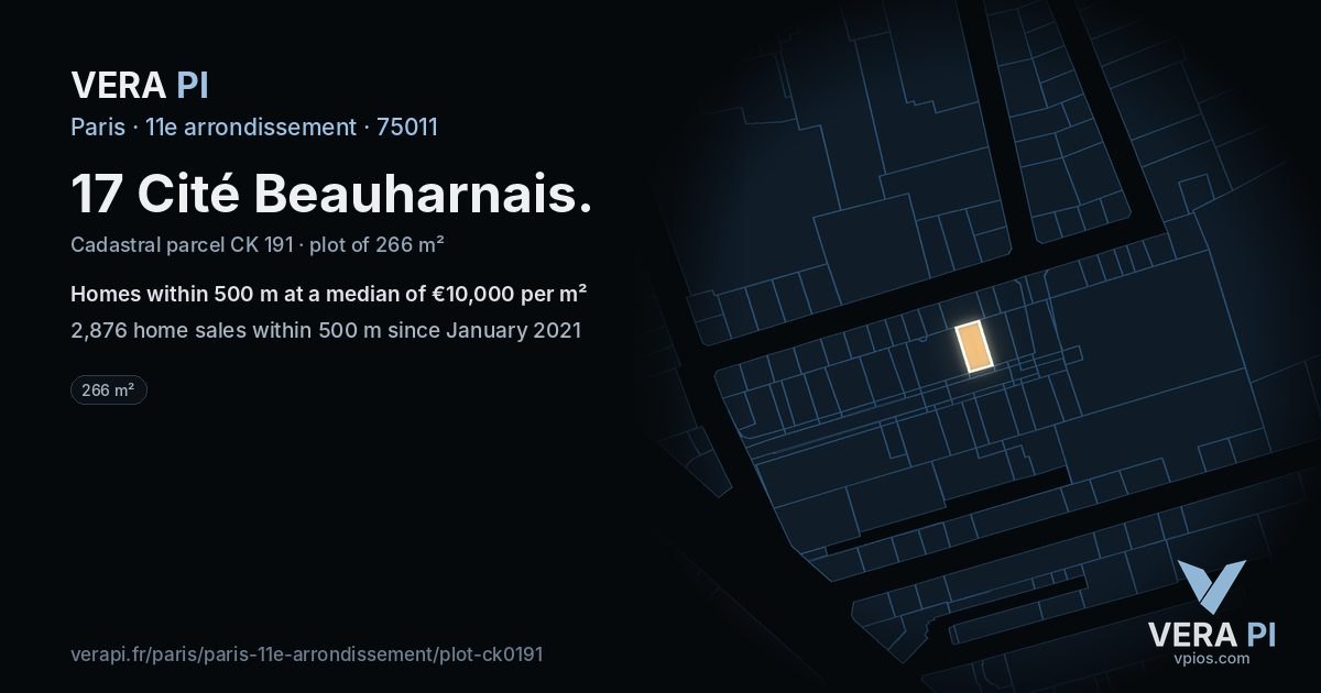 17 Cité Beauharnais, 11e arrondissement at night – the plot lit, the parcels around coloured by the prices near them