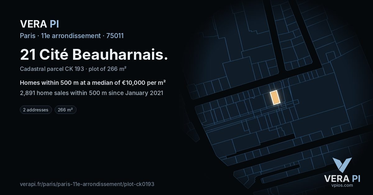 21 Cité Beauharnais, 11e arrondissement at night – the plot lit, the parcels around coloured by the prices near them