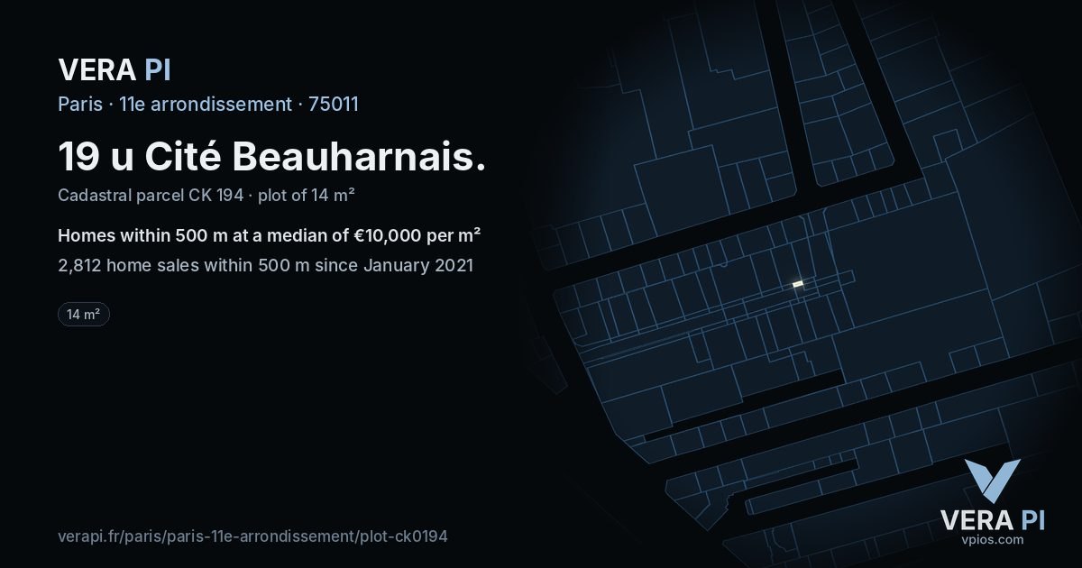 19 u Cité Beauharnais, 11e arrondissement at night – the plot lit, the parcels around coloured by the prices near them