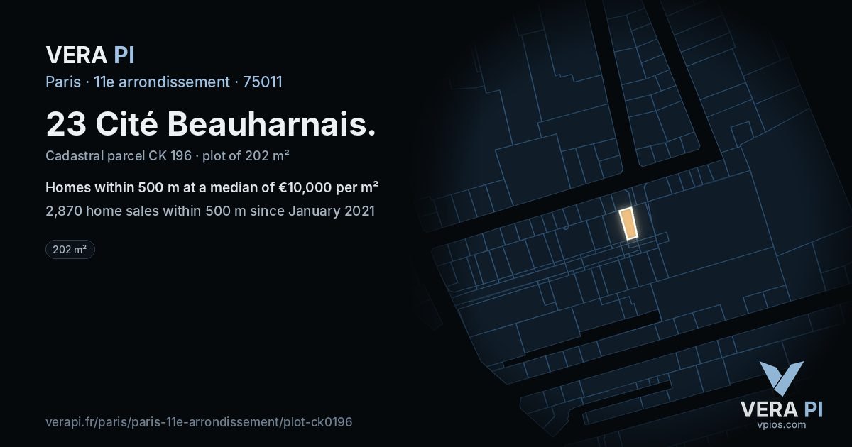 23 Cité Beauharnais, 11e arrondissement at night – the plot lit, the parcels around coloured by the prices near them