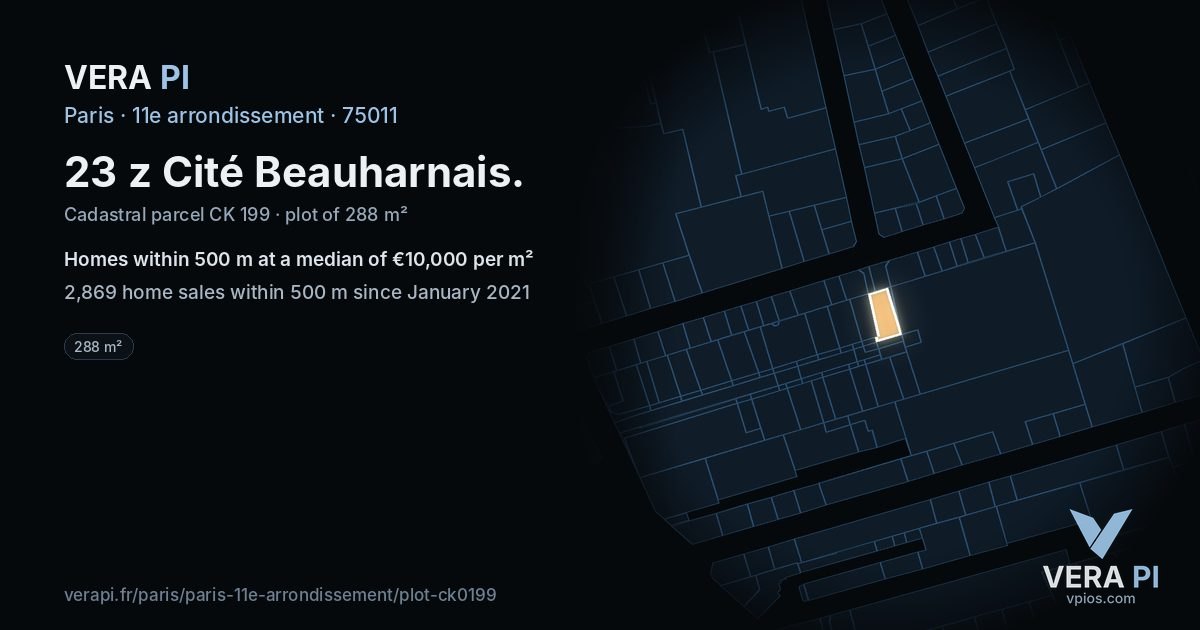 23 z Cité Beauharnais, 11e arrondissement at night – the plot lit, the parcels around coloured by the prices near them