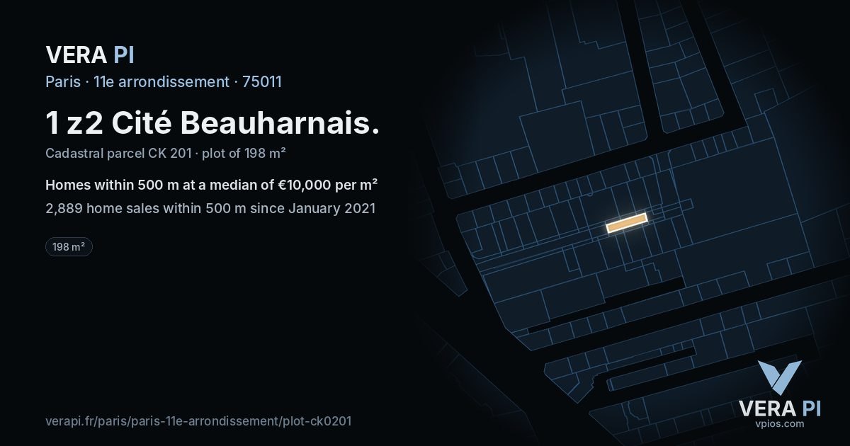 1 z2 Cité Beauharnais, 11e arrondissement at night – the plot lit, the parcels around coloured by the prices near them