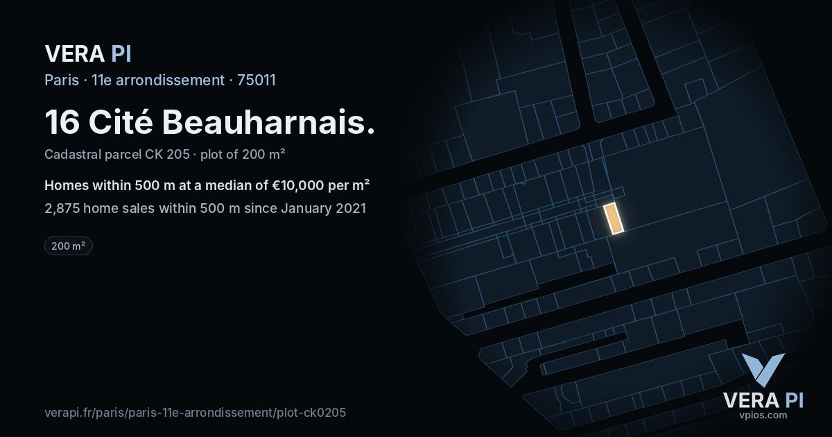 16 Cité Beauharnais, 11e arrondissement at night – the plot lit, the parcels around coloured by the prices near them