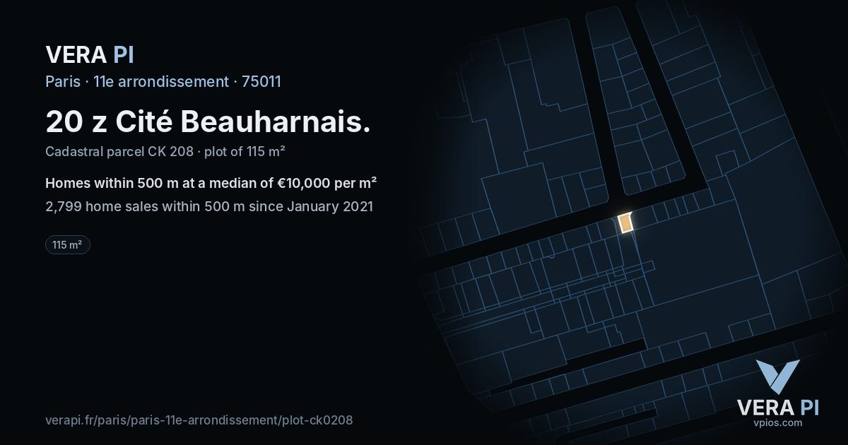 20 z Cité Beauharnais, 11e arrondissement at night – the plot lit, the parcels around coloured by the prices near them