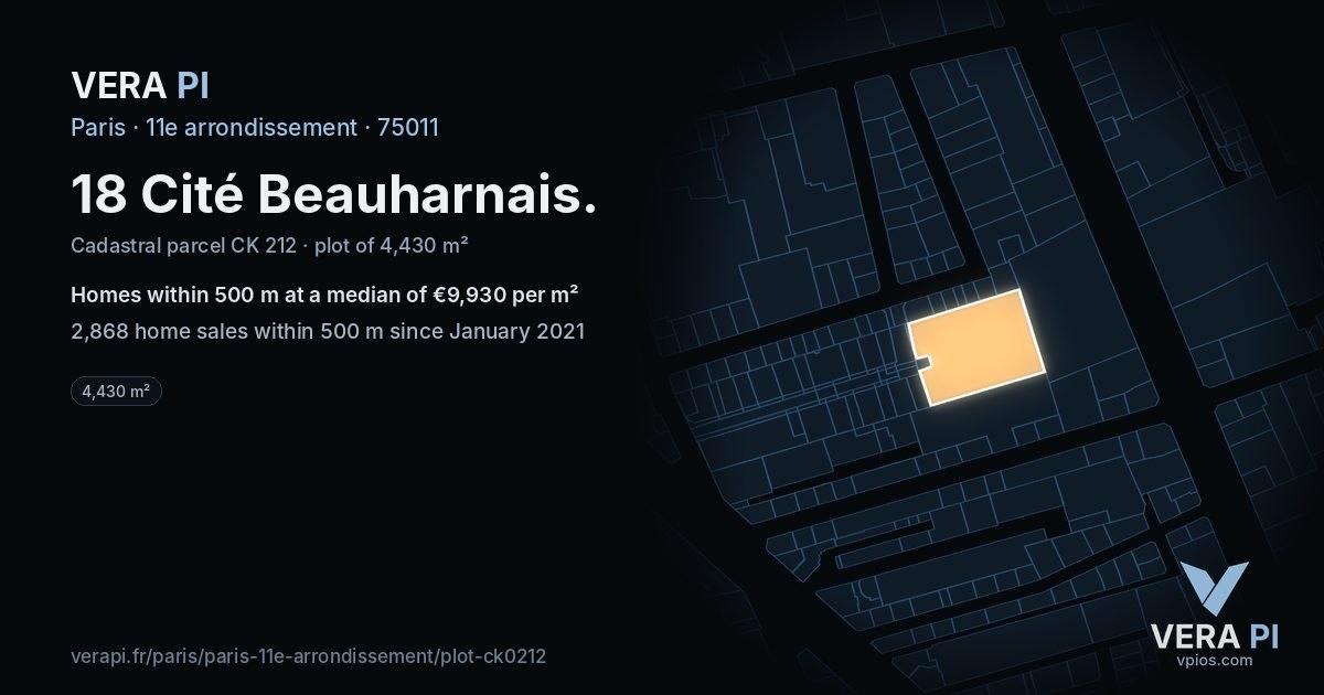 18 Cité Beauharnais, 11e arrondissement at night – the plot lit, the parcels around coloured by the prices near them