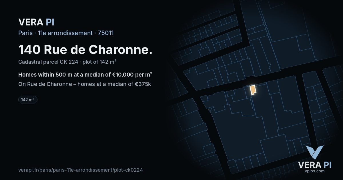 140 Rue de Charonne, 11e arrondissement at night – the plot lit, the parcels around coloured by the prices near them