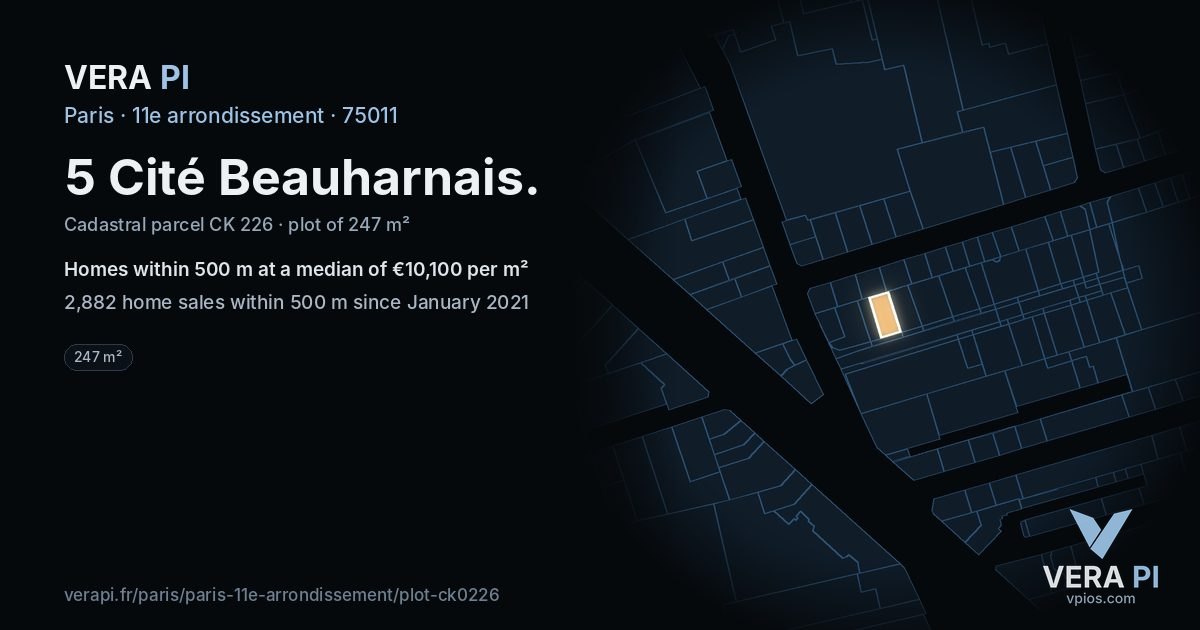 5 Cité Beauharnais, 11e arrondissement at night – the plot lit, the parcels around coloured by the prices near them