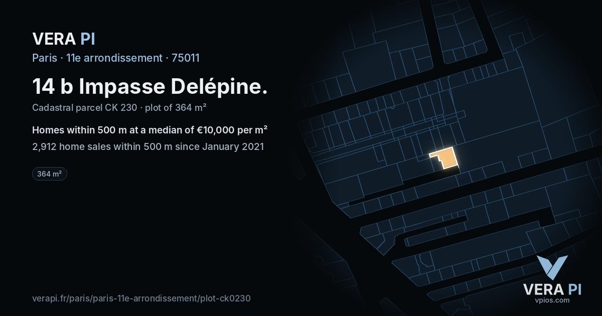 14 b Impasse Delépine, 11e arrondissement at night – the plot lit, the parcels around coloured by the prices near them