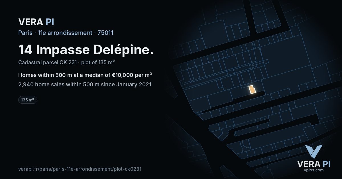 14 Impasse Delépine, 11e arrondissement at night – the plot lit, the parcels around coloured by the prices near them