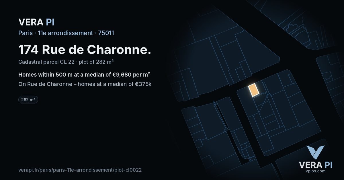 174 Rue de Charonne, 11e arrondissement at night – the plot lit, the parcels around coloured by the prices near them