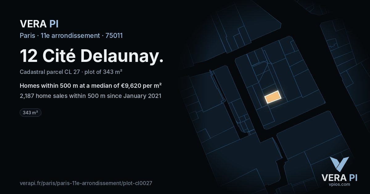 12 Cité Delaunay, 11e arrondissement at night – the plot lit, the parcels around coloured by the prices near them