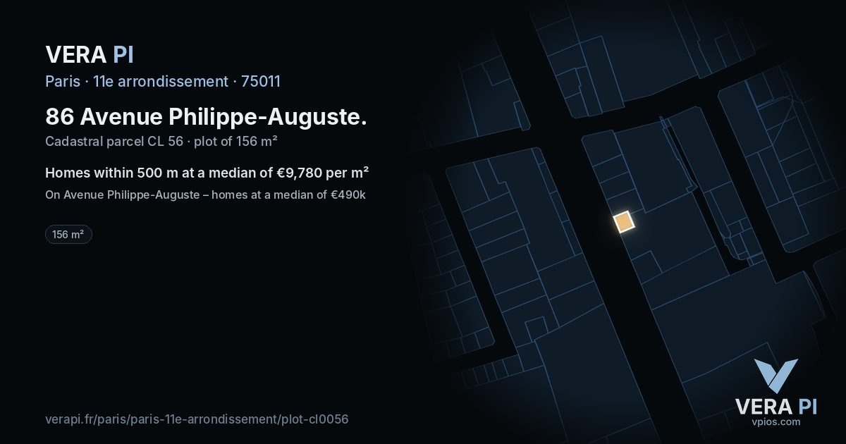 86 Avenue Philippe-Auguste, 11e arrondissement at night – the plot lit, the parcels around coloured by the prices near them