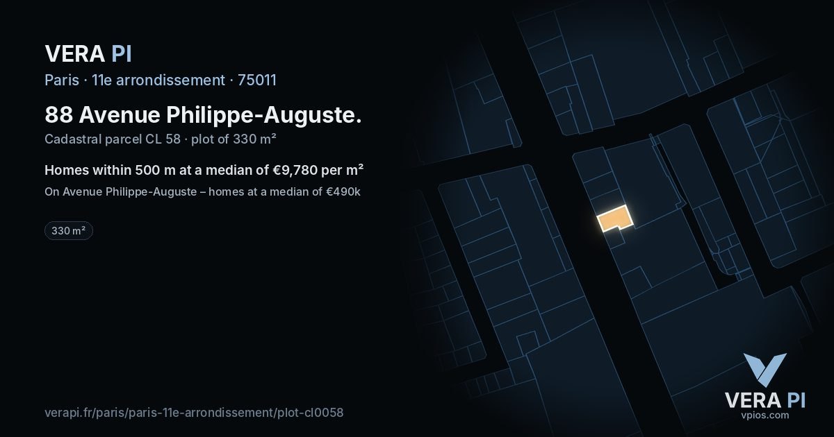 88 Avenue Philippe-Auguste, 11e arrondissement at night – the plot lit, the parcels around coloured by the prices near them