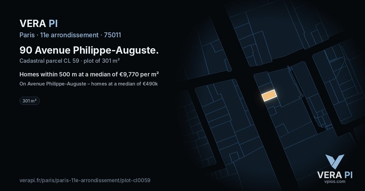 90 Avenue Philippe-Auguste, 11e arrondissement at night – the plot lit, the parcels around coloured by the prices near them