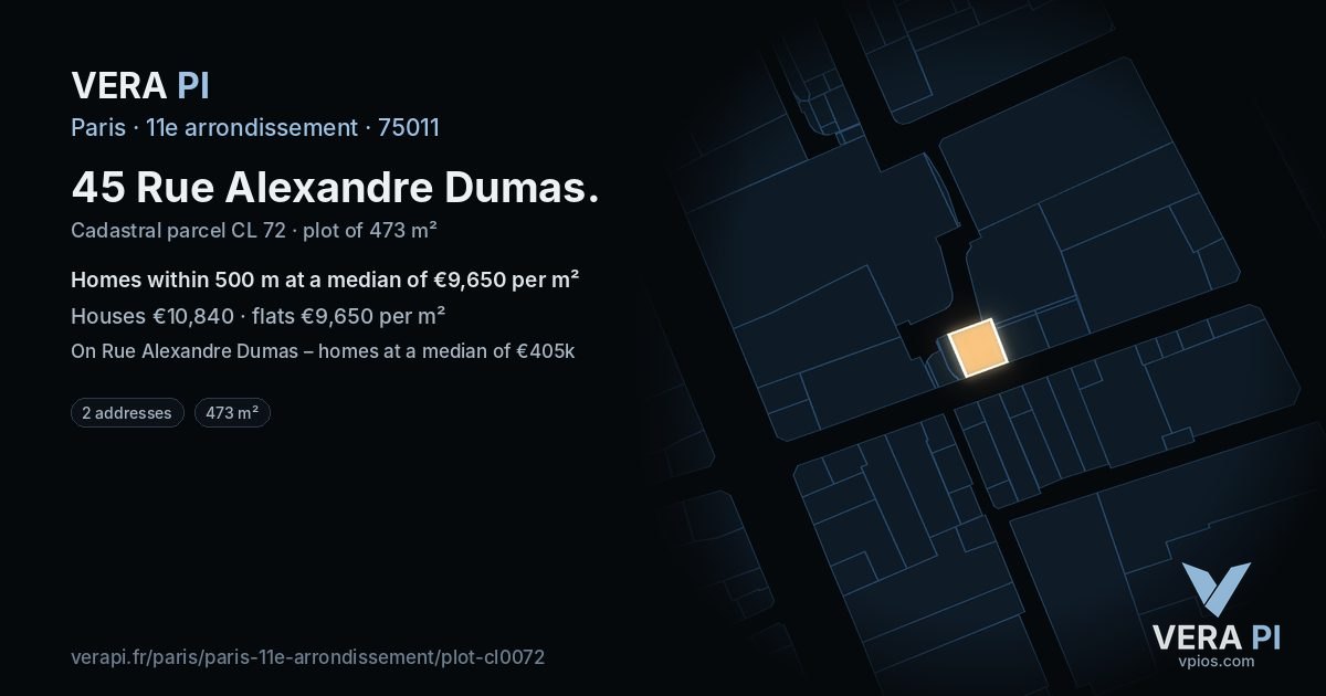 45 Rue Alexandre Dumas, 11e arrondissement at night – the plot lit, the parcels around coloured by the prices near them