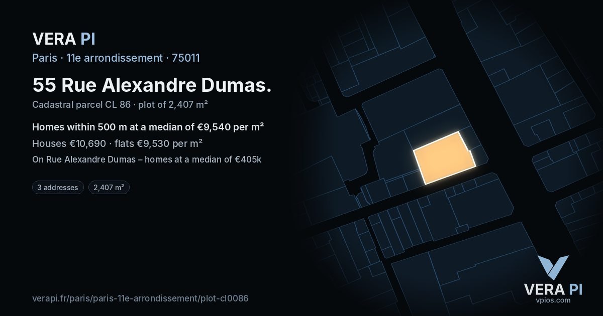 55 Rue Alexandre Dumas, 11e arrondissement at night – the plot lit, the parcels around coloured by the prices near them