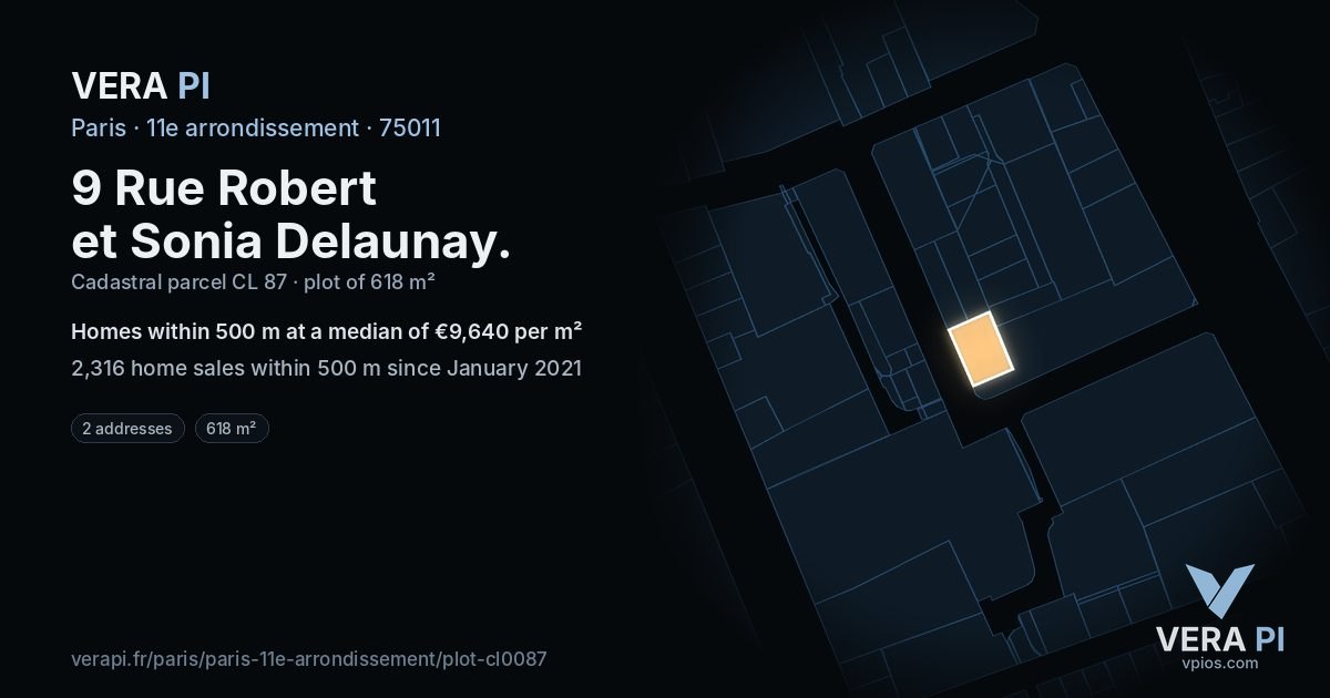 9 Rue Robert et Sonia Delaunay, 11e arrondissement at night – the plot lit, the parcels around coloured by the prices near them