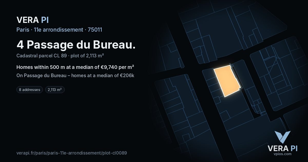 4 Passage du Bureau, 11e arrondissement at night – the plot lit, the parcels around coloured by the prices near them