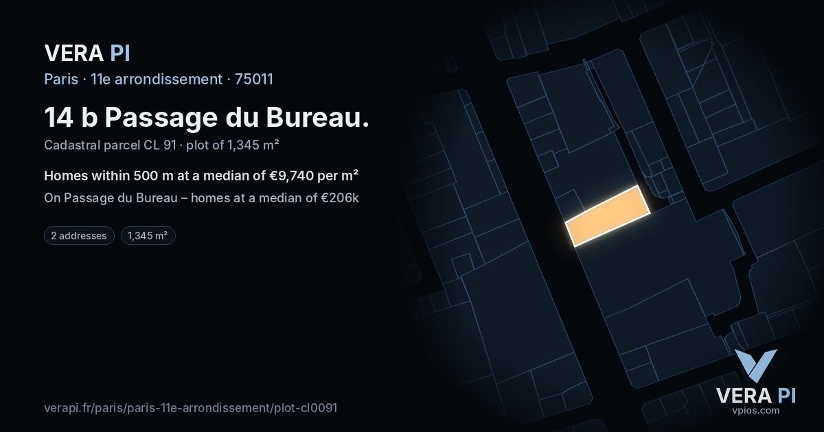 14 b Passage du Bureau, 11e arrondissement at night – the plot lit, the parcels around coloured by the prices near them